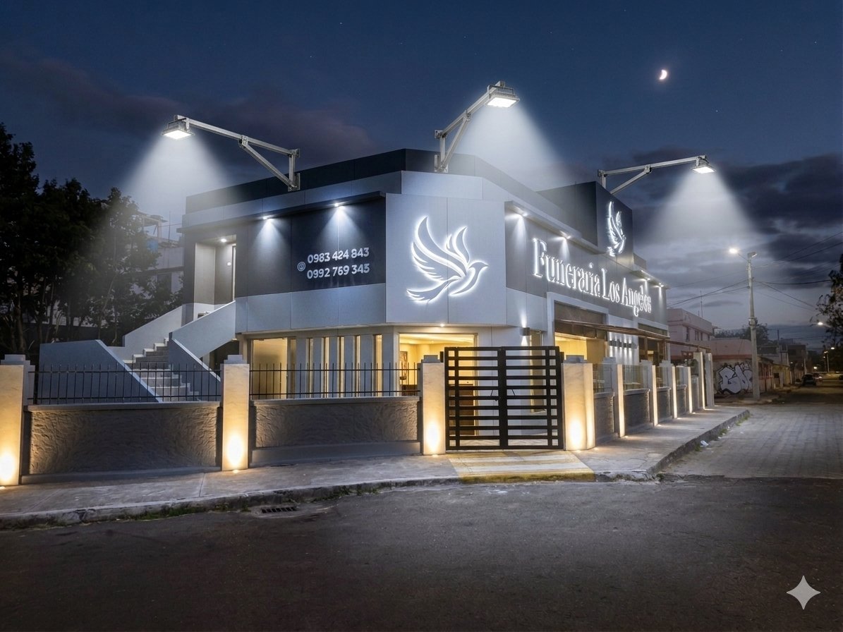 Sala de velación principal de Funeraria La América con iluminación cálida tenue, sillas tapizadas y decoración floral, ambiente solemne y recogido, tonos oscuros